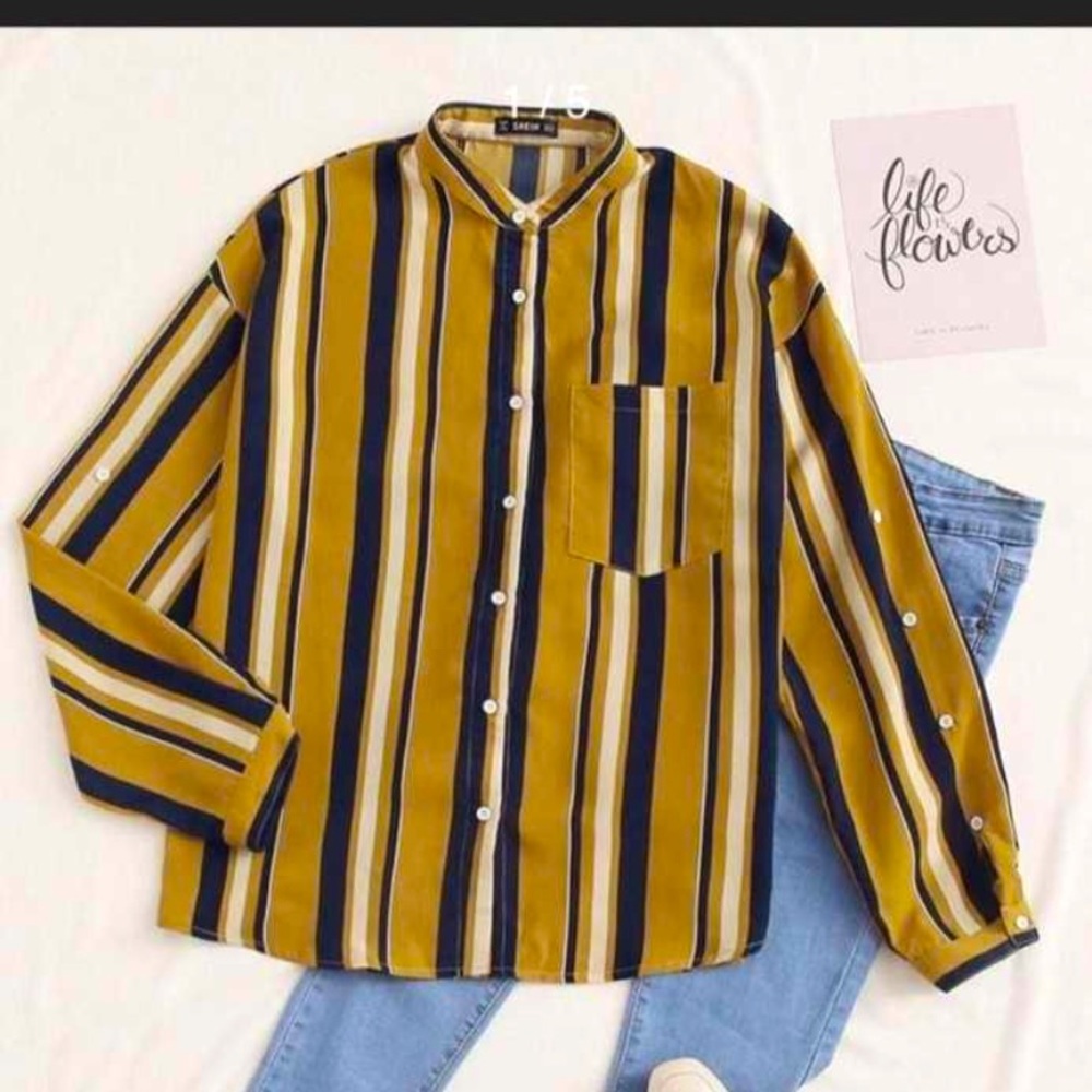 🔥host pick 🔥Button front pocket patched striped blouse medium